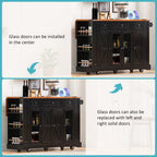 K&K 53'' Farmhouse Kitchen Island with Two Tempered Glass Cabinet Doors, Power Outlet, Rolling Kitchen Cart on Wheels with Drop Leaf, 5 Open Side Racks, 3 Drawers, for Kitchen, Dining Room, Black - Grand Goldman Shop