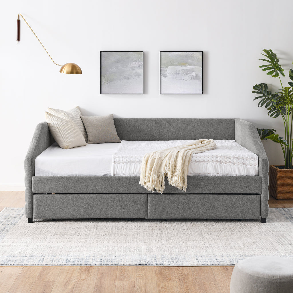 Upholstered Tufted Queen Size Daybed with Two Drawers Trundle, Linen Fabric, Grey, 88'x64.5'x34' - Grand Goldman Shop