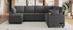 Versatile U-Shaped Sectional Sofa Bed with Storage, Cup Holders, Charging Ports in Grey Chenille - Grand Goldman Shop