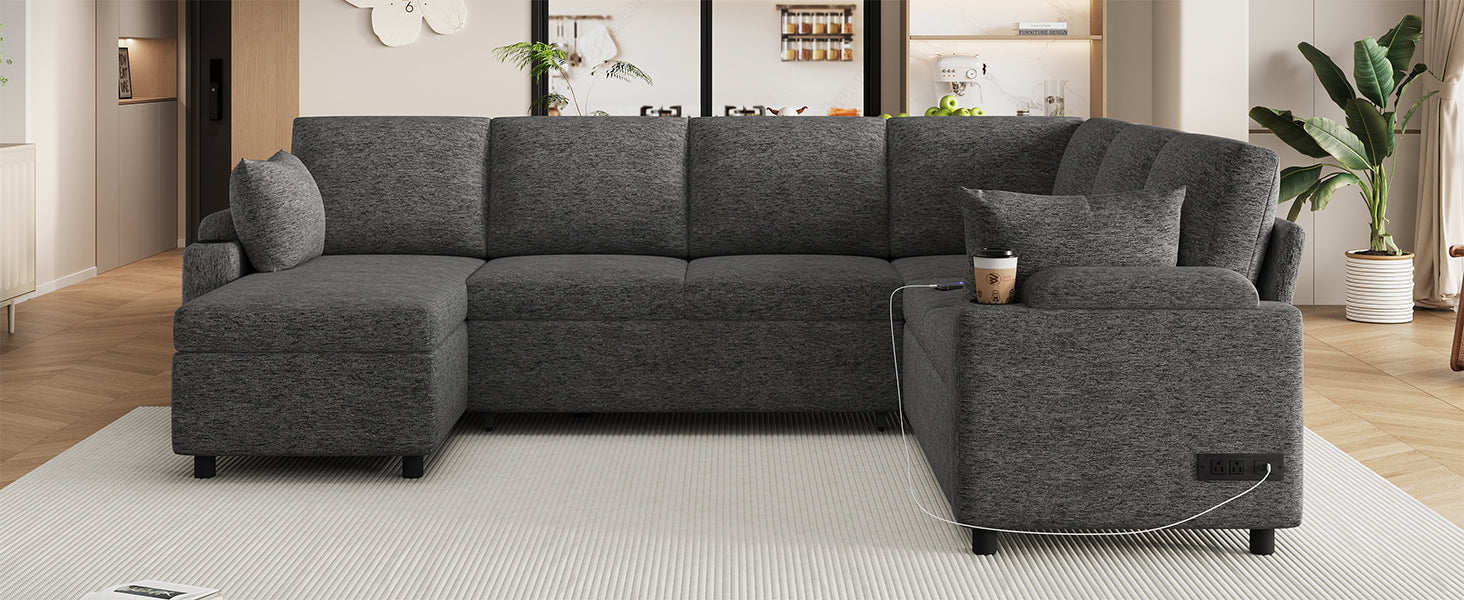 Versatile U-Shaped Sectional Sofa Bed with Storage, Cup Holders, Charging Ports in Grey Chenille - Grand Goldman Shop
