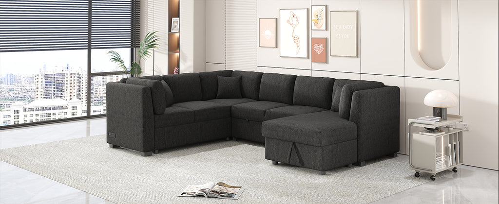 U-shaped Sectional Sofa Pull Out Bed with USB Ports, Power Sockets, Back Pillows & Storage Chaise, Black Chenille, 108.6' - Grand Goldman Shop
