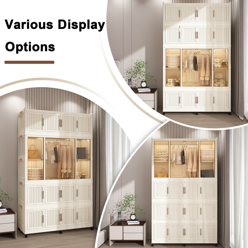 Portable Wardrobe Closet Storage Organizer with 17 Magnetic Doors, 17 Cubes, Hanging Rod & 6 Hangers, Creamy White Polypropylene Closet for Clothes, Baby Items, and Household Storage - Grand Goldman Shop