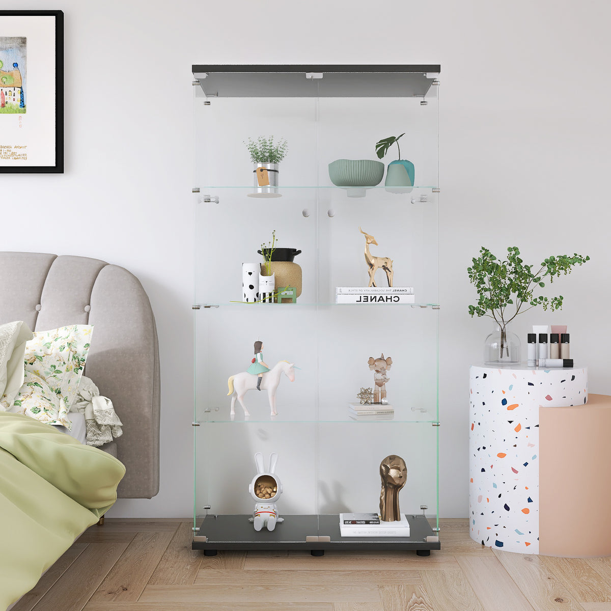 Two-door Glass Display Cabinet 4 Shelves with Door, Floor Standing Curio Bookshelf for Living Room Bedroom Office,  64.7'*31.