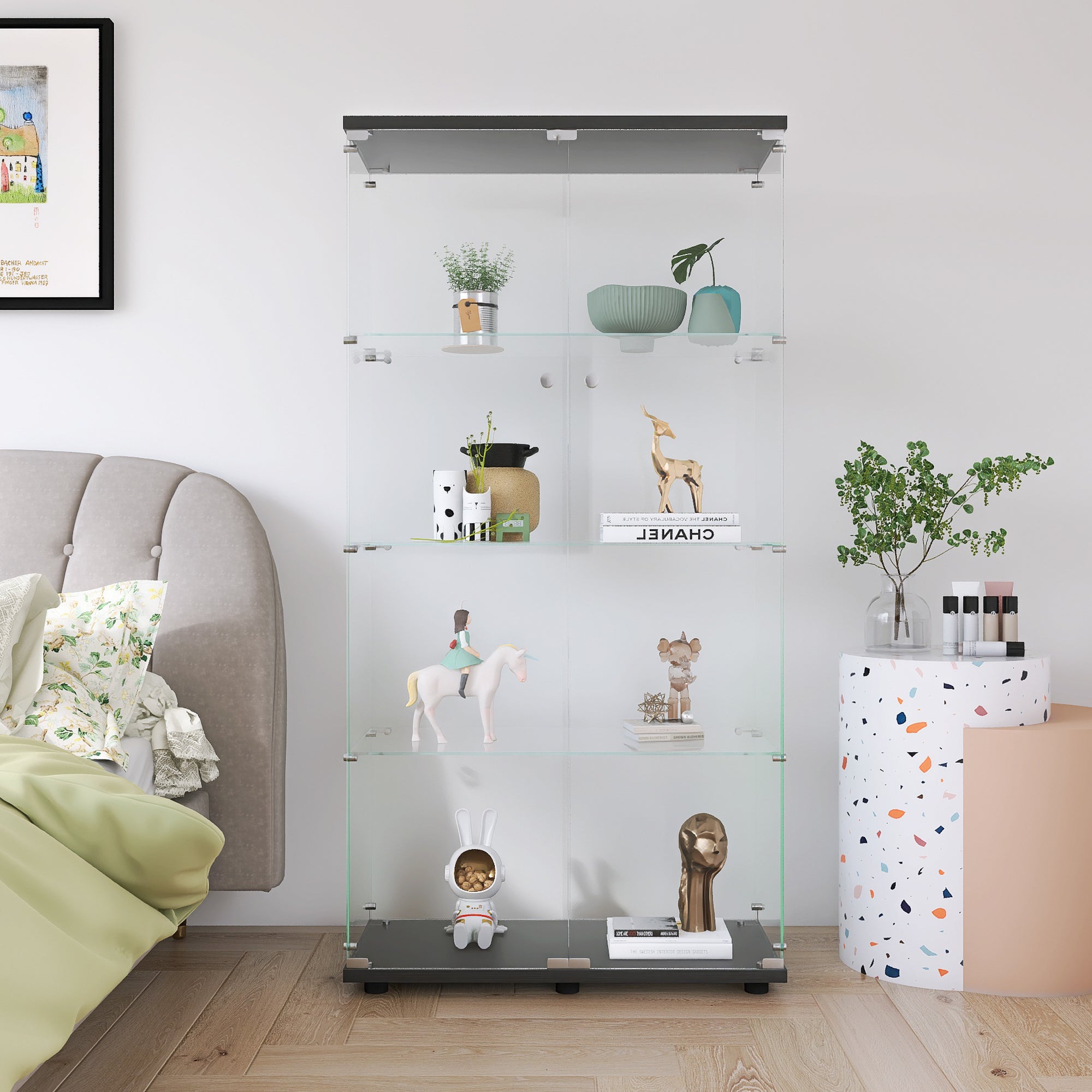 Two-door Glass Display Cabinet 4 Shelves with Door, Floor Standing Curio Bookshelf for Living Room Bedroom Office,  64.7'*31.