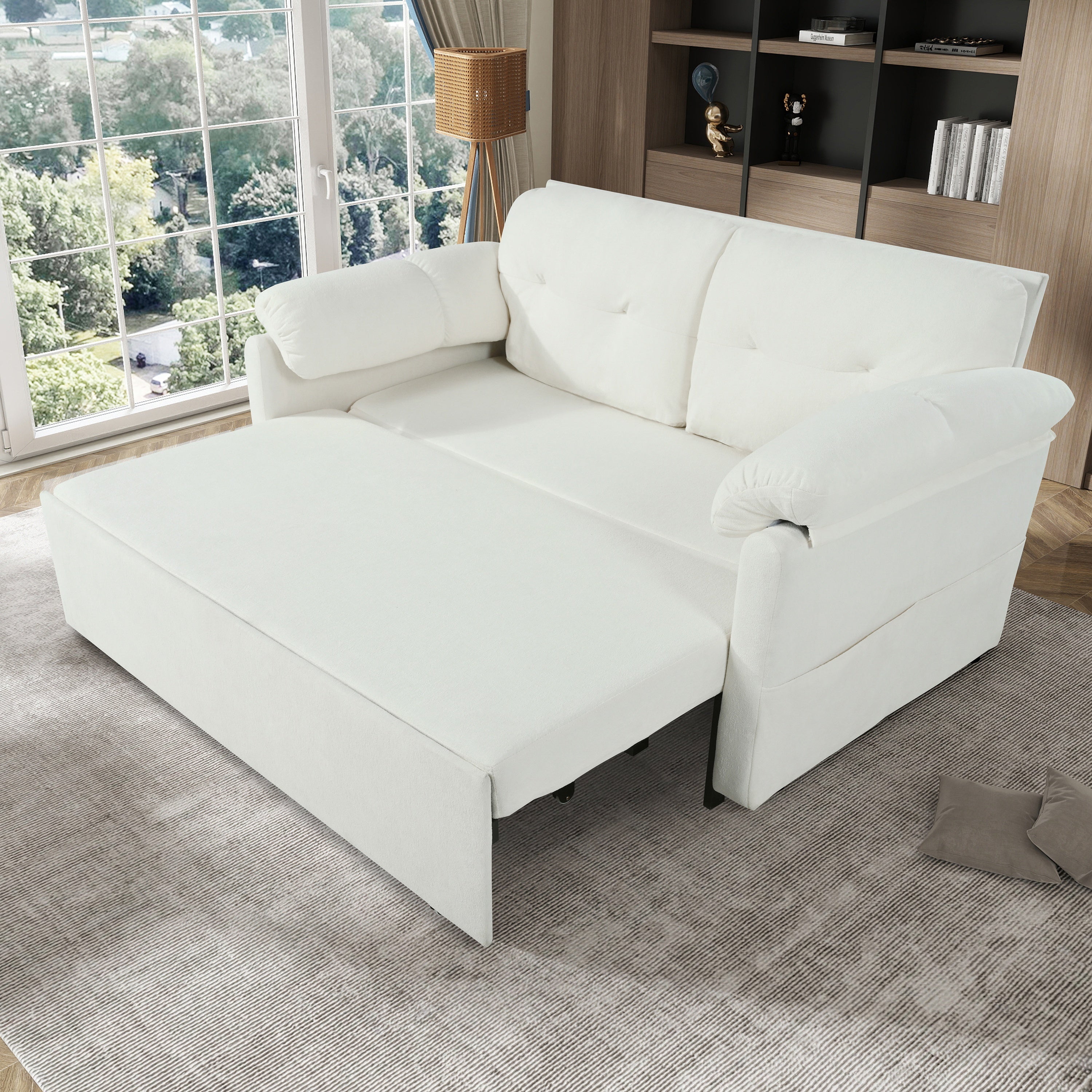 Convertible Pull-Out Queen Sleeper Sofa, 3-in-1 Loveseat with Side Storage & 8 Silent Casters, Beige Chenille Fabric, Fits Living Room, Bedroom, Apartment - Grand Goldman Shop