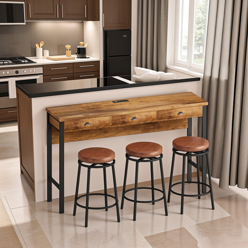 3-Drawer Long Dining Table Set with Power Outlets, Bar Kitchen Table Set with Circular PU Stools, Easy Assemble,Brown - Grand Goldman Shop