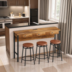 3-Drawer Long Dining Table Set with Power Outlets, Bar Kitchen Table Set with Circular PU Stools, Easy Assemble,Brown - Grand Goldman Shop
