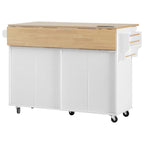 K&K 55.5' Fluted Kitchen Island with 2 Drop Leaf, Kitchen Storage Cart with Power Outlet, 4 Doors, Spice rack, Rolling Island Table with Wood-grain Top, Curved Edge for Kitchen, Dining Room,White - Grand Goldman Shop