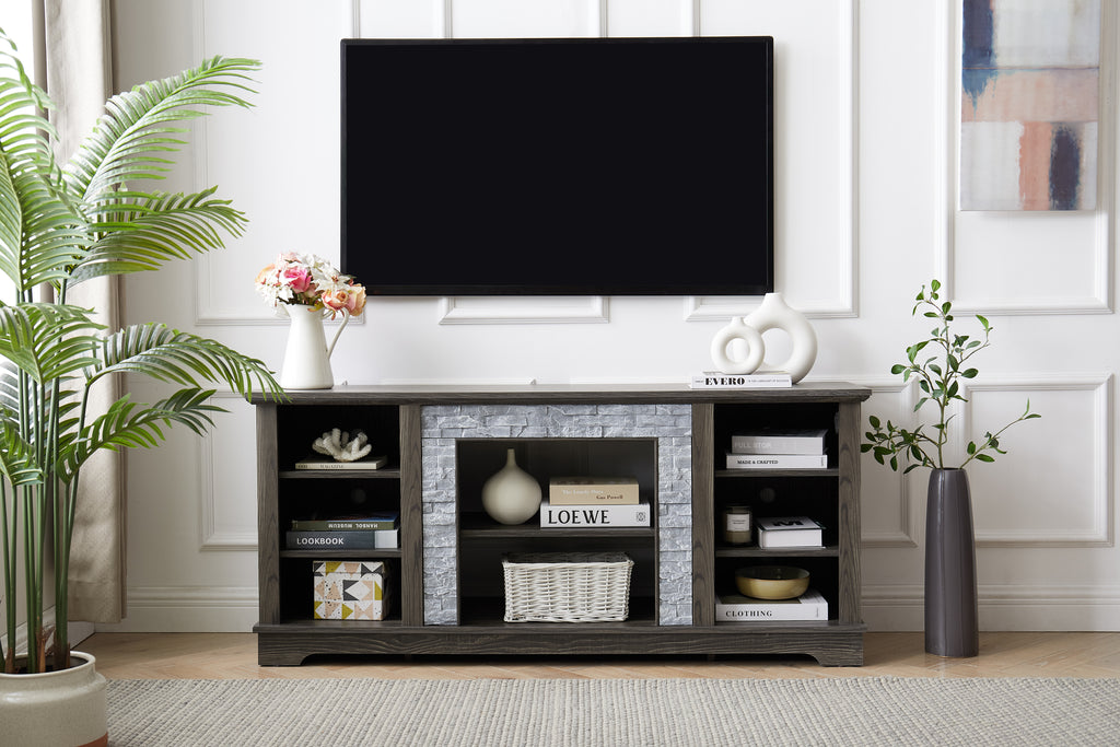 Mantel Stone TV Media Stand with with Faux Stacked Stone Surround, Modern Entertainment Console with Open Storage Space,Grey, 58.31'W*15.39'D*26.06'H - Grand Goldman Shop