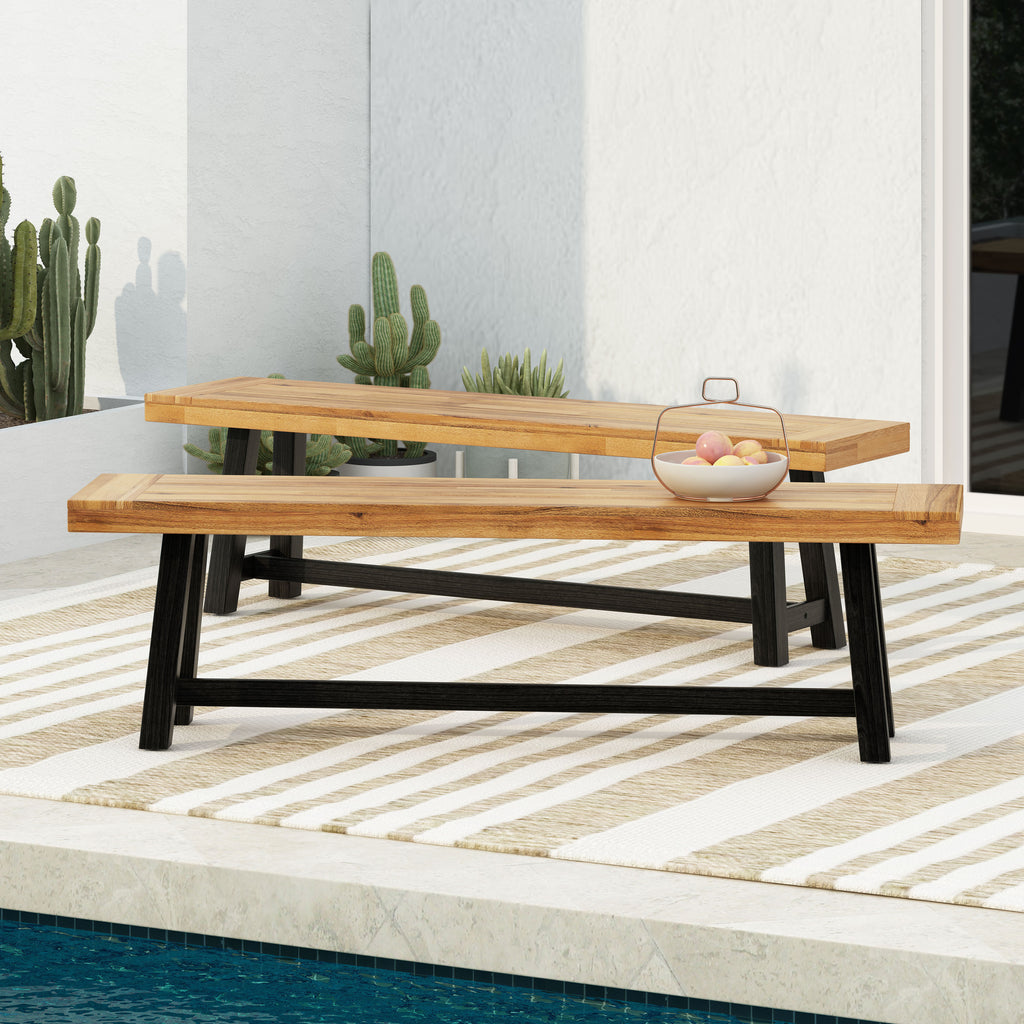 Cloud Outdoor Bench with Acacia Wood Frame and Slat Panel Design, Set of 2,Sandblast Teak Finish and Black - Grand Goldman Shop