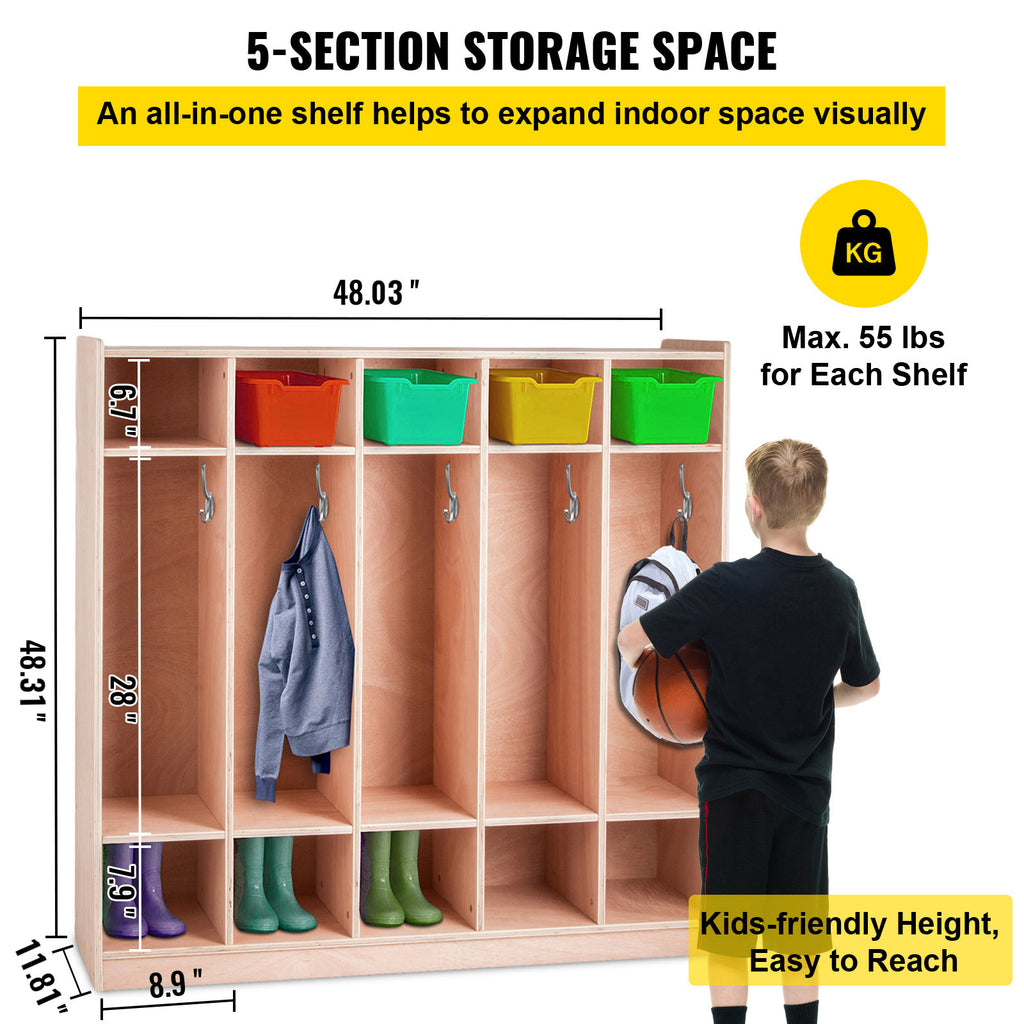 Coat Locker, 5-Section Daycare Cubby Coat Rack 48x12x48 inch, Classroom Coat Locker and Backpack Hanger, with 5 Hooks and Sto