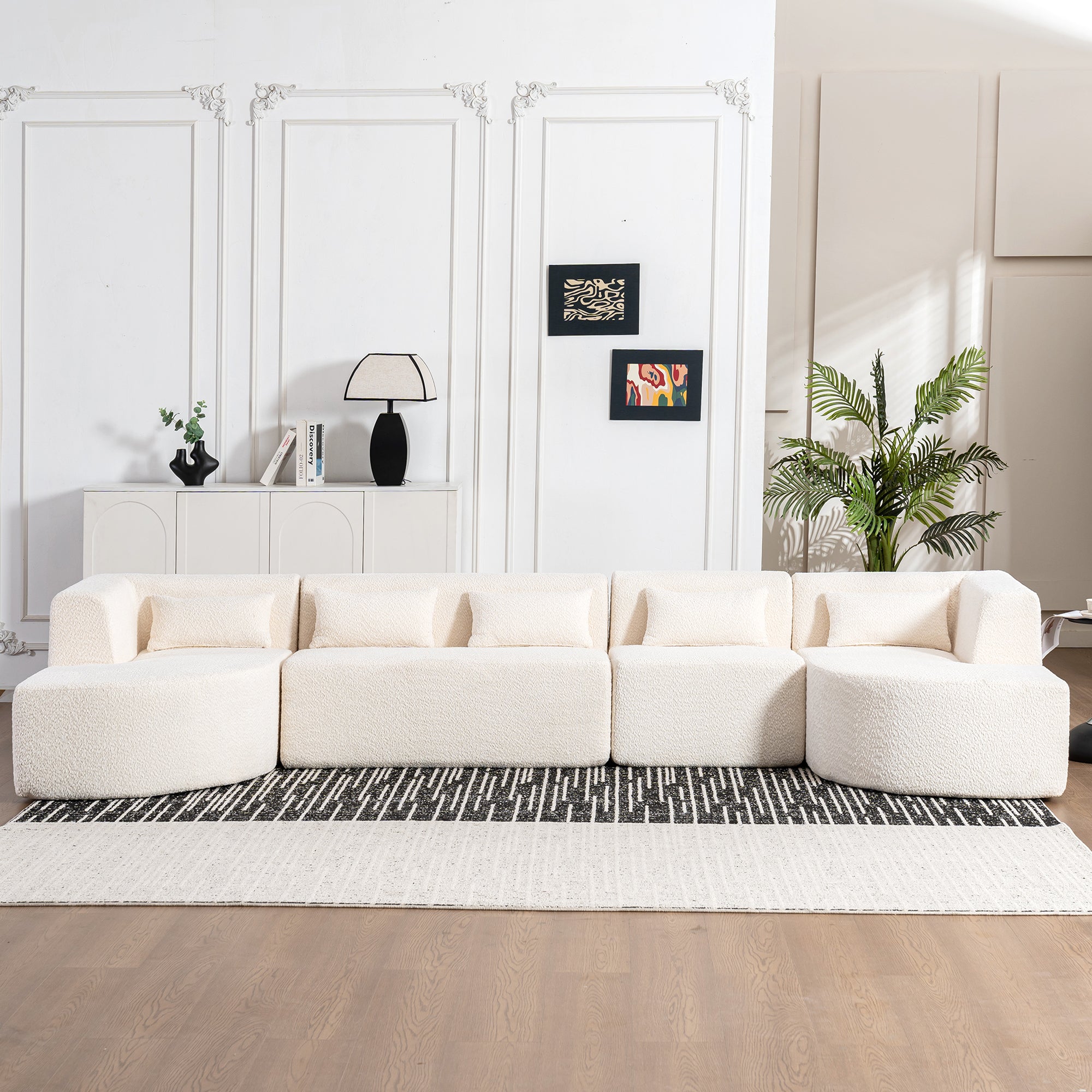 Modern Upholstered L-Shape Sofa with Chaise Lounge and Back Pillows, Beige Boucle Fabric, 144 inches - Grand Goldman Shop