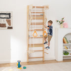 6-in-1 Swedish Ladder Wall Gym, Indoor Kids Playground with Swing, Rope Ladder, Pull-Up Bar, Slide, Gymnastic Rings, Wooden W