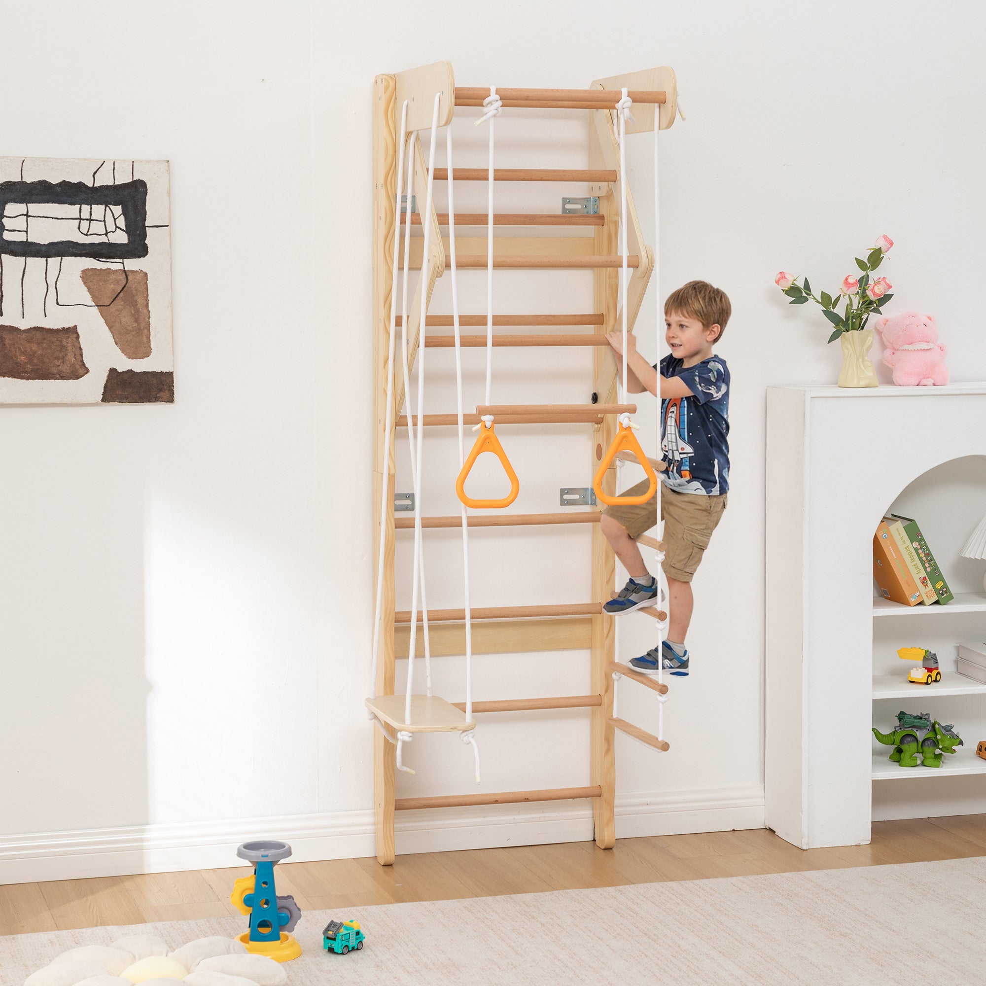 6-in-1 Swedish Ladder Wall Gym, Indoor Kids Playground with Swing, Rope Ladder, Pull-Up Bar, Slide, Gymnastic Rings, Wooden W