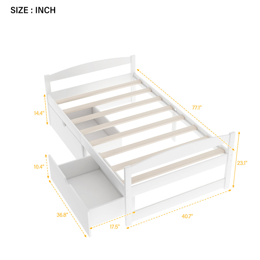 White Twin Size Platform Bed with Two Drawers, Pine Wood and MDF, 77.1''L x 40.7''W x 23.1''H - Grand Goldman Shop