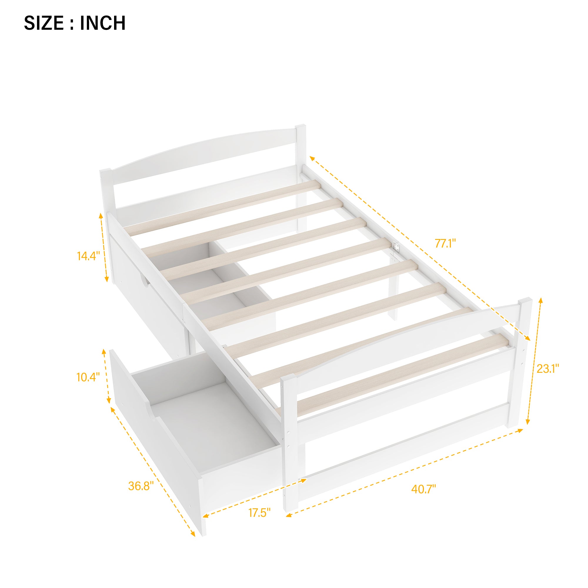 White Twin Size Platform Bed with Two Drawers, Pine Wood and MDF, 77.1''L x 40.7''W x 23.1''H - Grand Goldman Shop