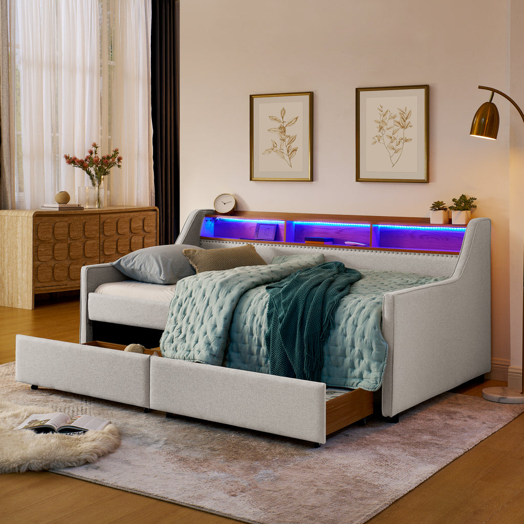 Beige Linen Upholstered Twin Sofa Bed with LED Lights, Storage Drawers, Adjustable Headboard & Wireless Charging - Grand Goldman Shop