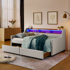 Beige Linen Upholstered Twin Sofa Bed with LED Lights, Storage Drawers, Adjustable Headboard & Wireless Charging - Grand Goldman Shop