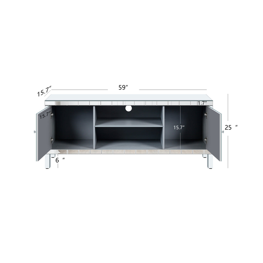 Mirrored TV Stand for 65+ inch TV,Sliver TV Console Table with Open Storage & 2 Storage Cabinets ,Diamond Shape Sparkling Mirror Doors for Living Room(59''W x 25.2''H x 15.7D) - Grand Goldman Shop