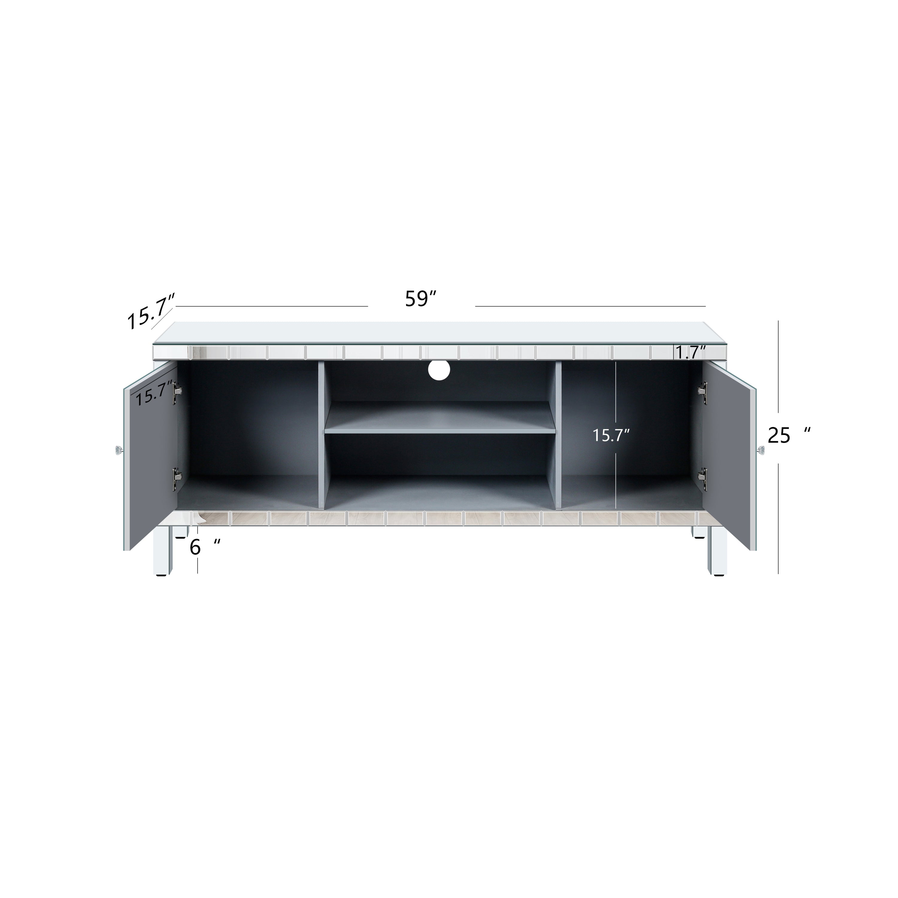Mirrored TV Stand for 65+ inch TV,Sliver TV Console Table with Open Storage & 2 Storage Cabinets ,Diamond Shape Sparkling Mirror Doors for Living Room(59''W x 25.2''H x 15.7D) - Grand Goldman Shop