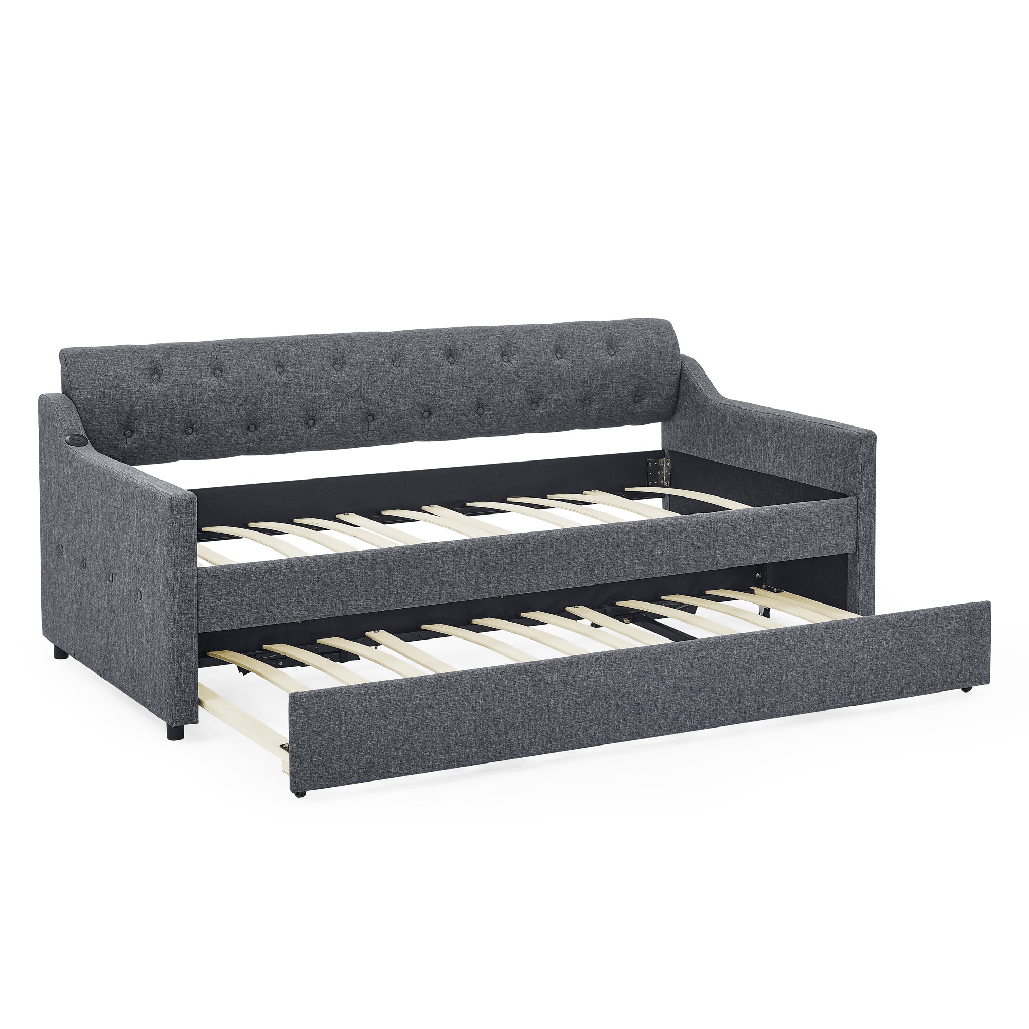 Twin Size Upholstered Daybed with Trundle and Drawers, Dark Gray Linen, Flat Arms, Extendable for Bedroom or Living Room - Grand Goldman Shop