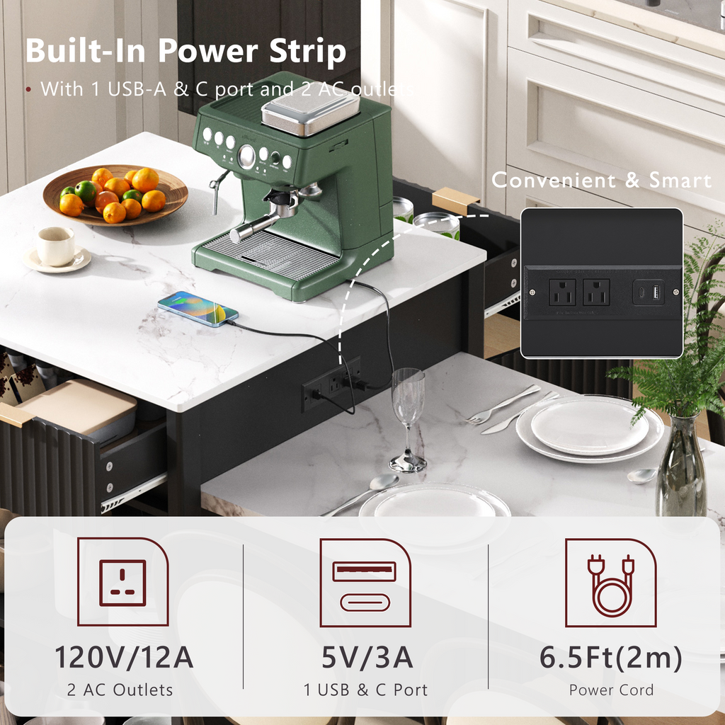 K&K 82.6' Fluted Kitchen Island with Extendable Dining Table for 4-6, Island Table for Kitchen with Power Outlet, Kitchen Table with Double-Side Storage, 2 Drawers 2 Side Open Shelves, Black - Grand Goldman Shop