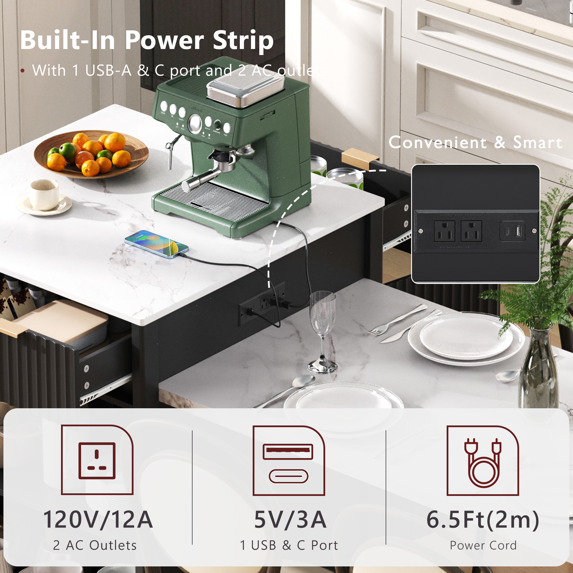K&K 82.6' Fluted Kitchen Island with Extendable Dining Table for 4-6, Island Table for Kitchen with Power Outlet, Kitchen Table with Double-Side Storage, 2 Drawers 2 Side Open Shelves, Black - Grand Goldman Shop