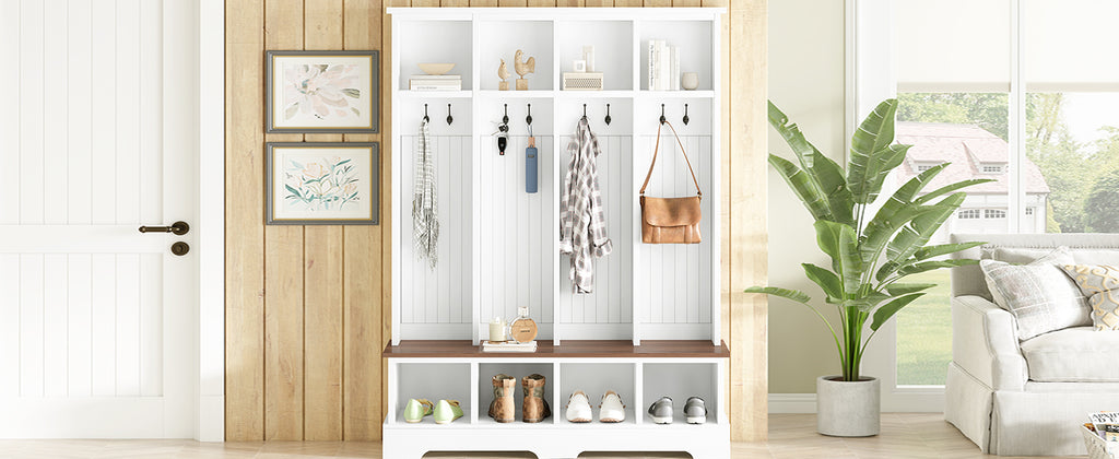 Farmhouse Hall Tree with 8 Hooks, Practical Entryway Bench with Open Compartments, 76.7'H Modern 3-in-1 Wooden Style Coat and Shoe Rack for Mudroom, Living Room, White (OLD SKU: N721P292601K) - Grand Goldman Shop