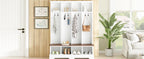 Farmhouse Hall Tree with 8 Hooks, Practical Entryway Bench with Open Compartments, 76.7'H Modern 3-in-1 Wooden Style Coat and Shoe Rack for Mudroom, Living Room, White (OLD SKU: N721P292601K) - Grand Goldman Shop