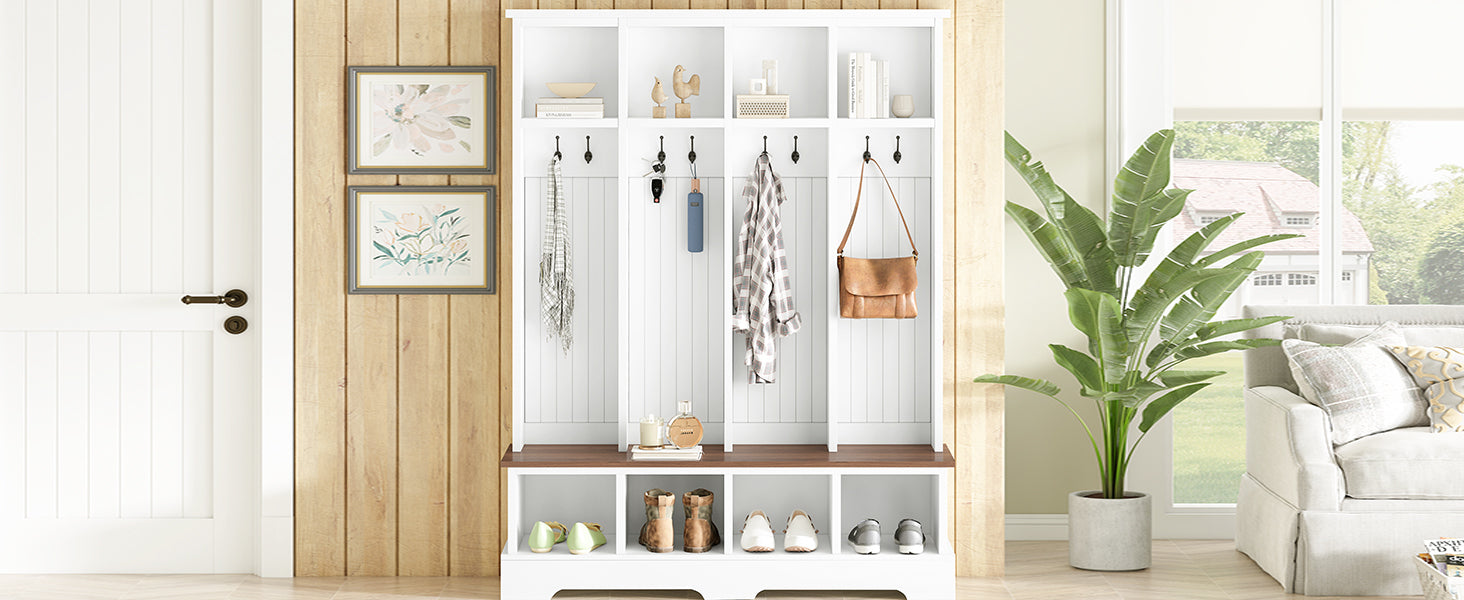 Farmhouse Hall Tree with 8 Hooks, Practical Entryway Bench with Open Compartments, 76.7'H Modern 3-in-1 Wooden Style Coat and Shoe Rack for Mudroom, Living Room, White (OLD SKU: N721P292601K) - Grand Goldman Shop
