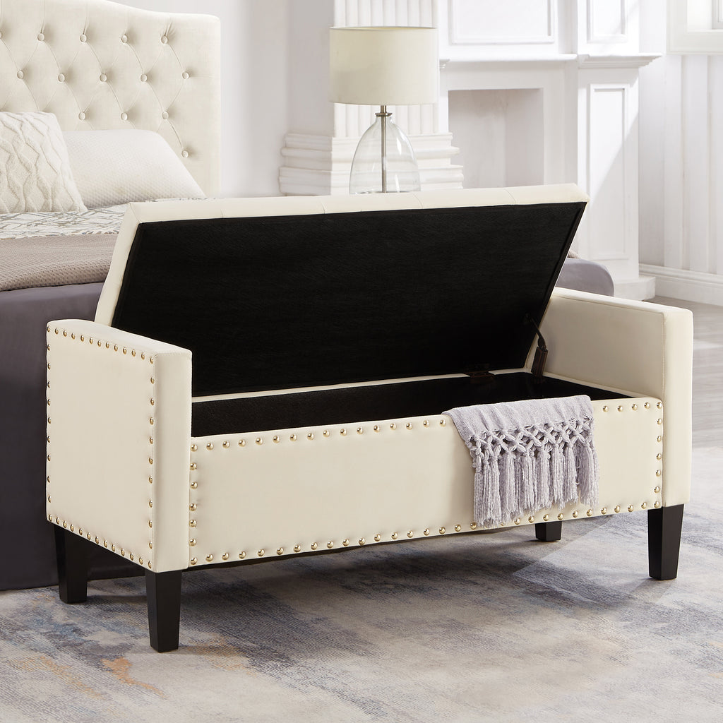 Upholstered Tufted Button Storage Bench with nails trim,Entryway Living Room Soft Padded Seat with Armrest,Bed Bench - Cream - Grand Goldman Shop