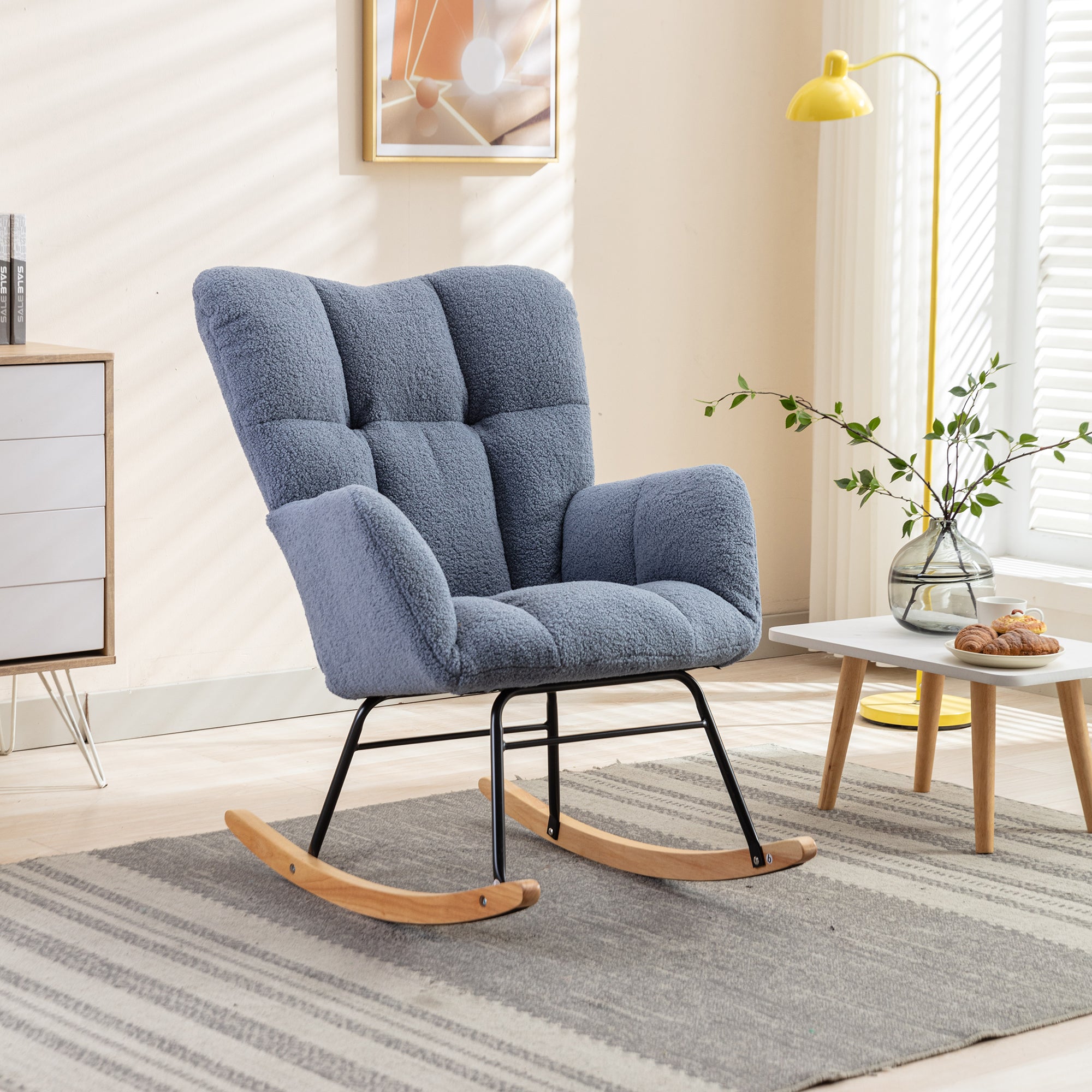 050-Teddy Fabric Rocking Gilder Nursery Chair For Living Room Indoor,Light Blue - Grand Goldman Shop