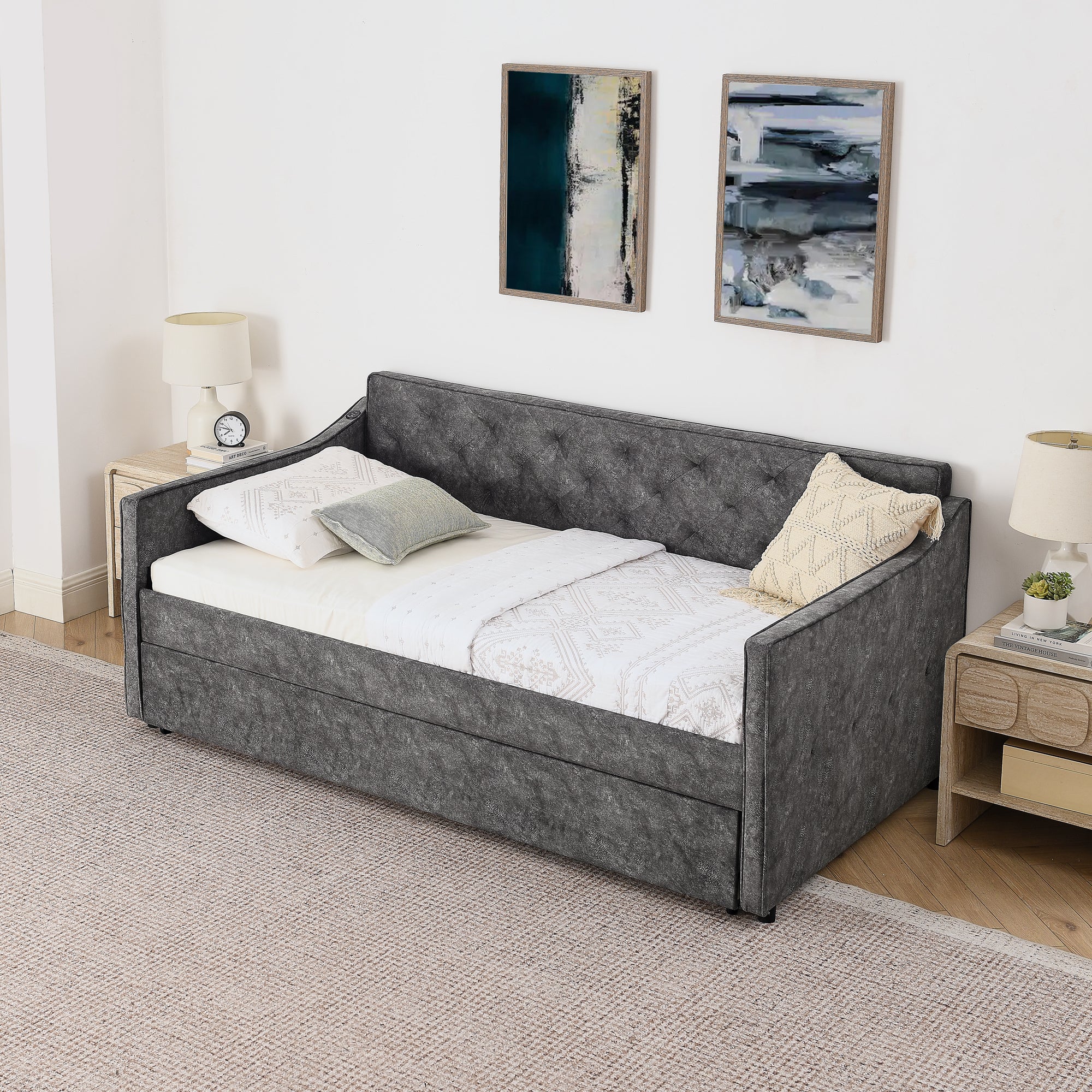 Grey Velvet Mid-Century Style Twin Upholstered Daybed with Pop-Up Trundle and USB Charging Armrest - Grand Goldman Shop