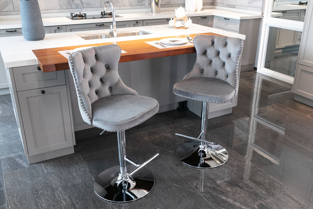 A&A Furniture,Swivel Velvet Barstools Adjusatble Seat Height from 25-33 Inch, Modern Upholstered Chrome base Bar Stools with Backs Comfortable Tufted for Home Pub and Kitchen Island（Gray,Set of 2） - Grand Goldman Shop