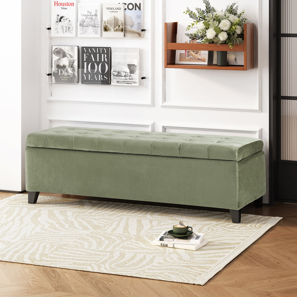 Wendover Elegant Velvet Tufted Storage Bench with Lift-Up Top and Birch Wood Legs - Grand Goldman Shop
