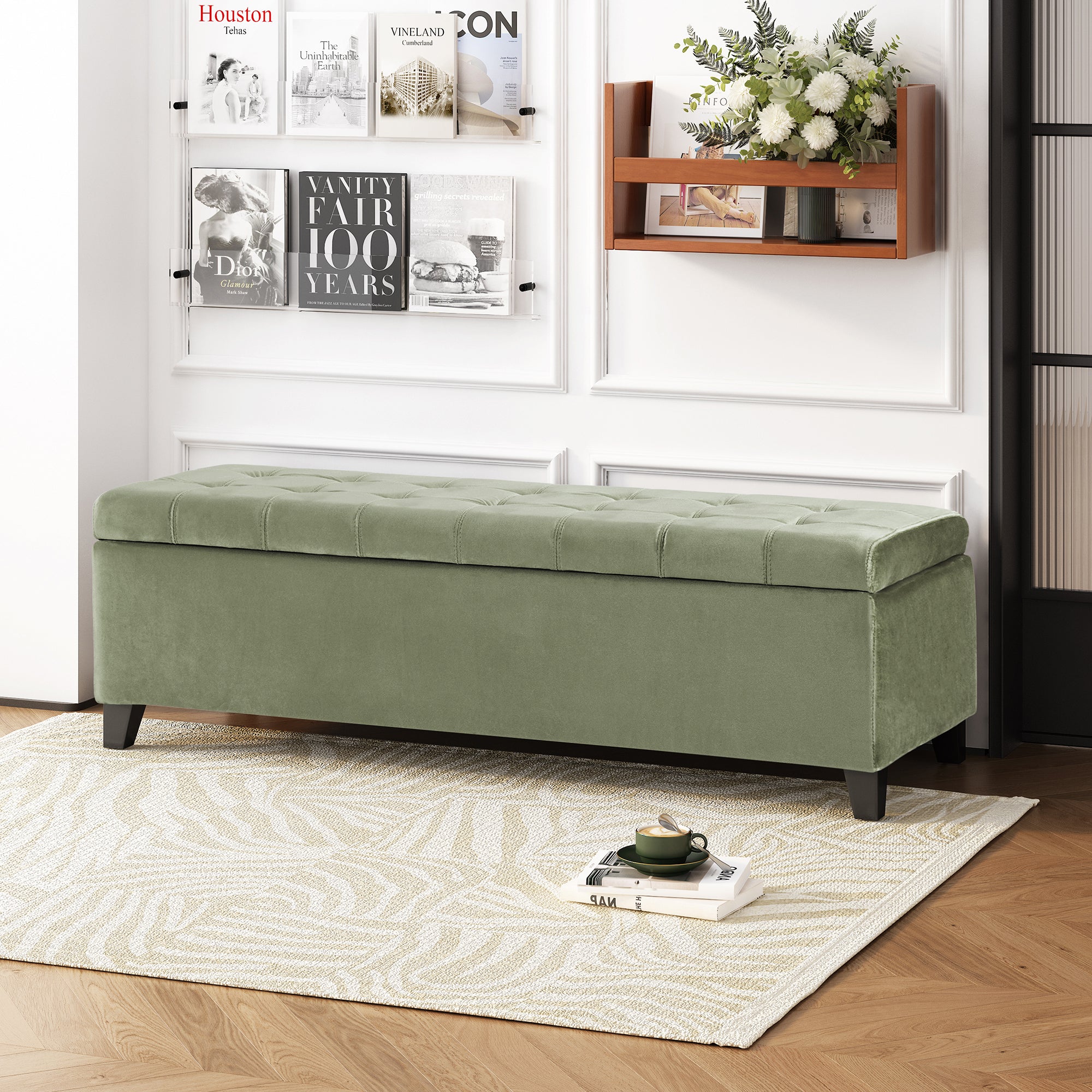 Wendover Elegant Velvet Tufted Storage Bench with Lift-Up Top and Birch Wood Legs - Grand Goldman Shop