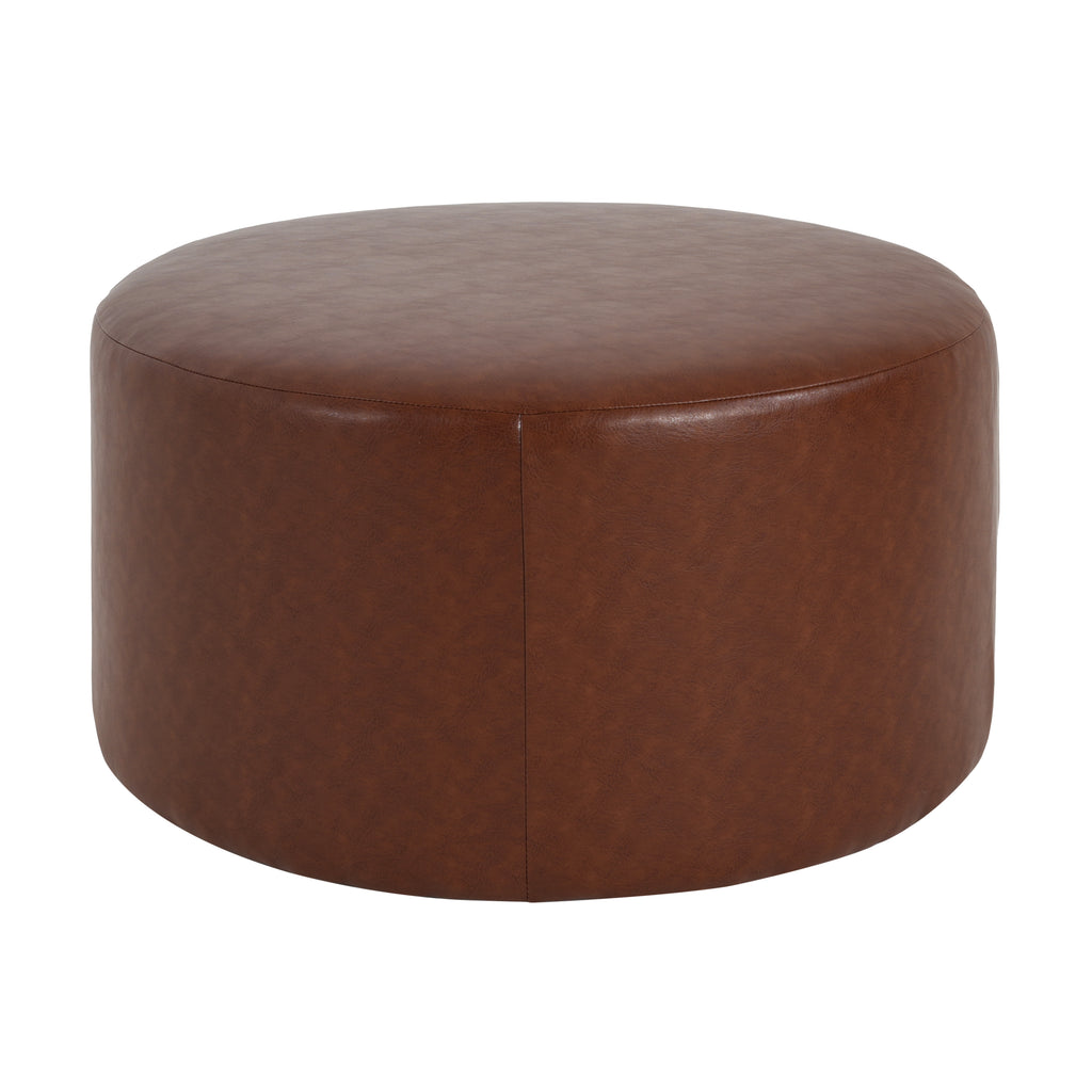 Upholstered Round Ottoman,PU Leather,Brown - Grand Goldman Shop
