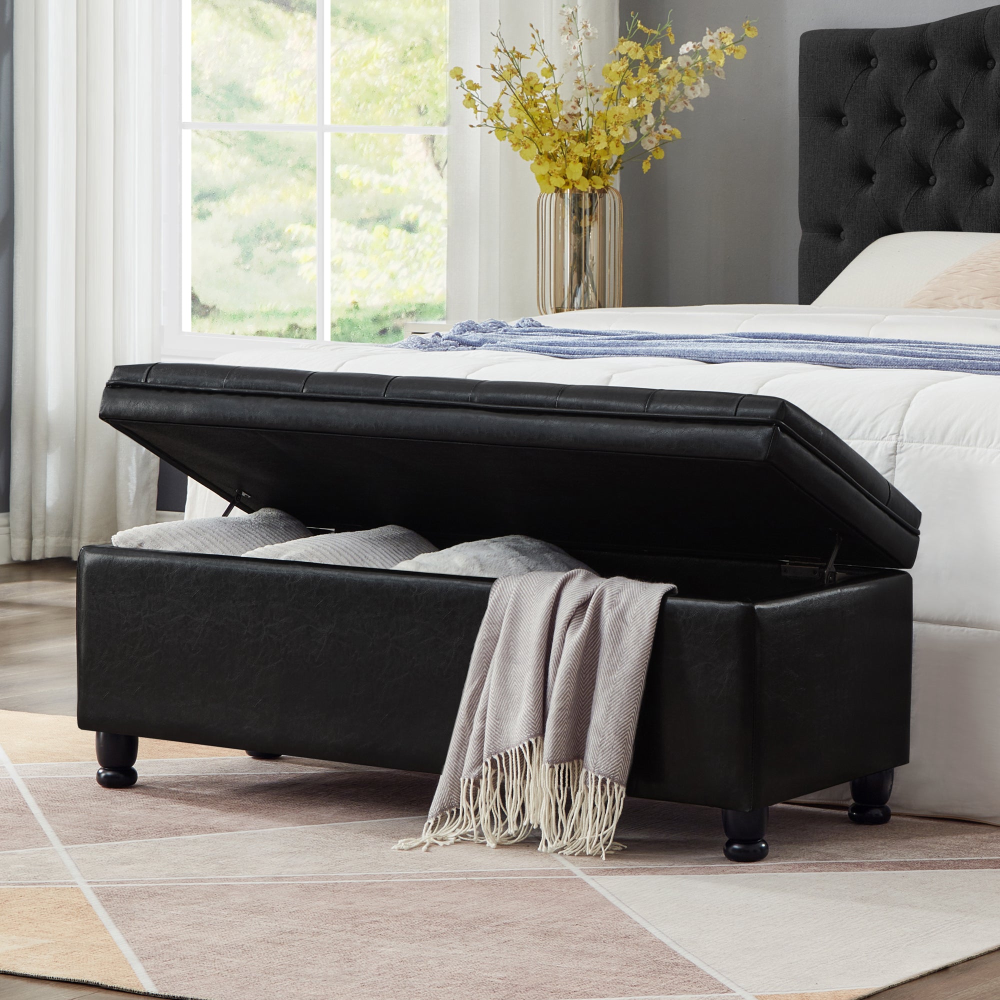 Upholstered tufted button storage bench ,Faux leather entry bench with spindle wooden legs, Bed bench- Black - Grand Goldman Shop