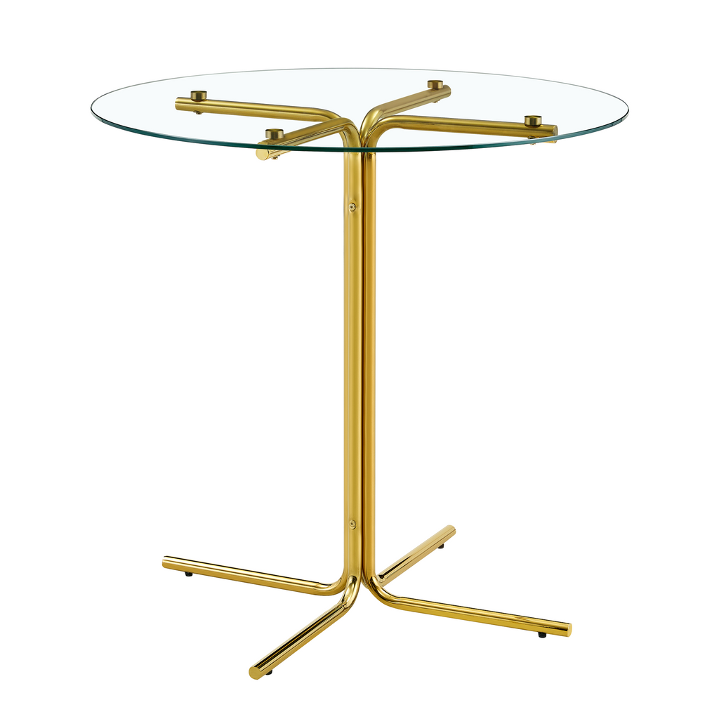 Round glass bar high table, 36 inch round bar table, tempered glass tabletop, sturdy gold chrome plated four column support, suitable for transparent round bar tables in small spaces, kitchens - Grand Goldman Shop