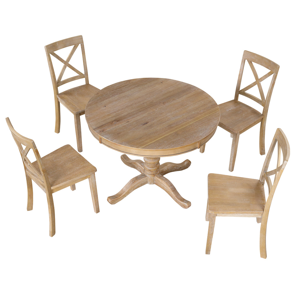 Modern Natural Wood Wash Dining Table Set for 4 with Round Table and Chairs, Solid Wood and MDF - Grand Goldman Shop