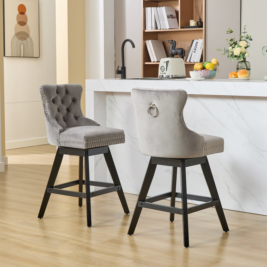 Swivel Velvet Barstools with Button Tufted Decoration and Wooden Legs, and Chrome Nailhead Trim, Leisure Style Bar Chairs,Bar stools, Set of 2 (Gray),SW1860GY - Grand Goldman Shop