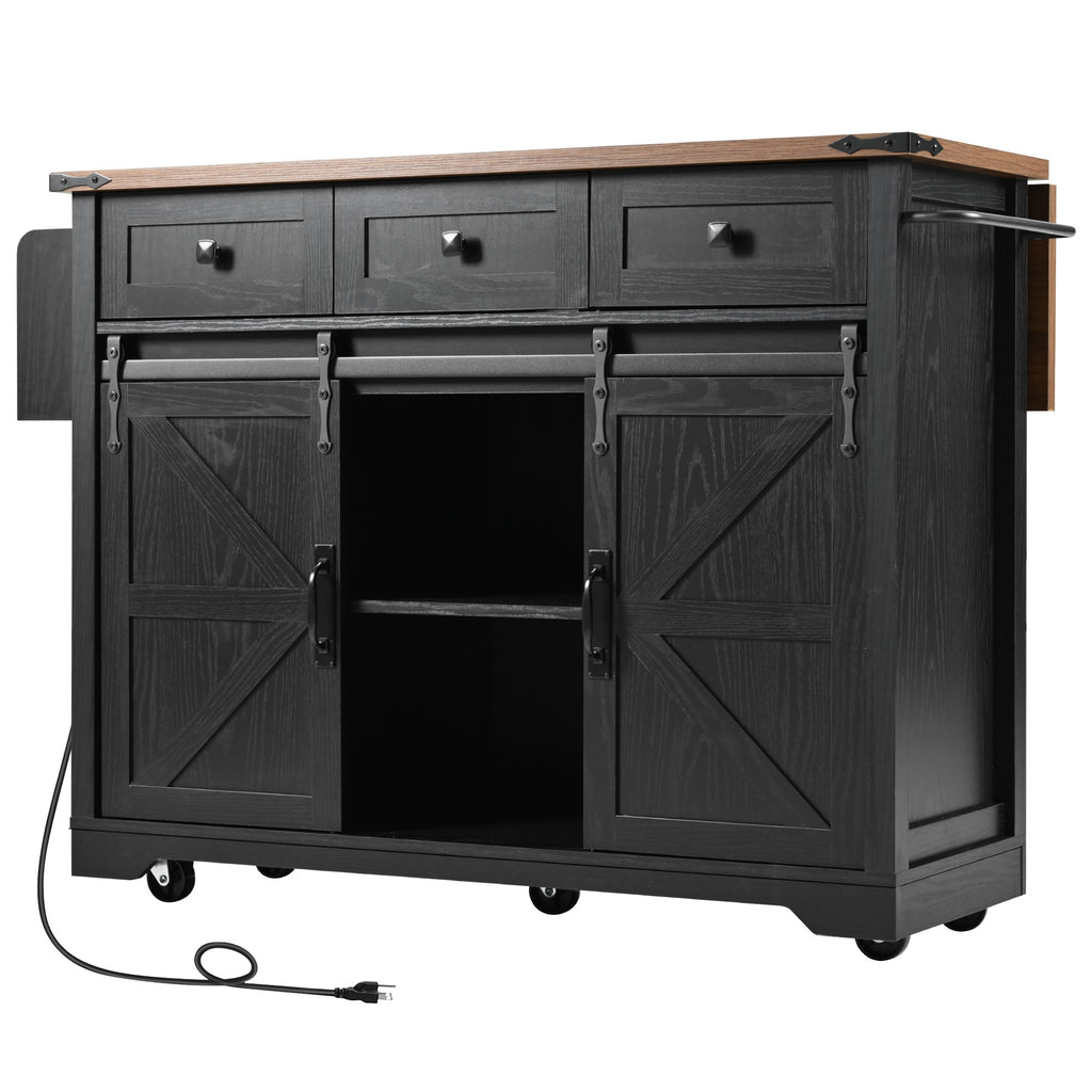 K&K 53.7' Farmhouse Kitchen Island with Power Outlet, 2 Sliding Barn Door Kitchen Storage Island with Drop Leaf, Spice Rack Rolling Kitchen Cart on Wheels, for Home, Kitchen and Dining Room, Black - Grand Goldman Shop