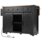 K&K 53.7' Farmhouse Kitchen Island with Power Outlet, 2 Sliding Barn Door Kitchen Storage Island with Drop Leaf, Spice Rack Rolling Kitchen Cart on Wheels, for Home, Kitchen and Dining Room, Black - Grand Goldman Shop