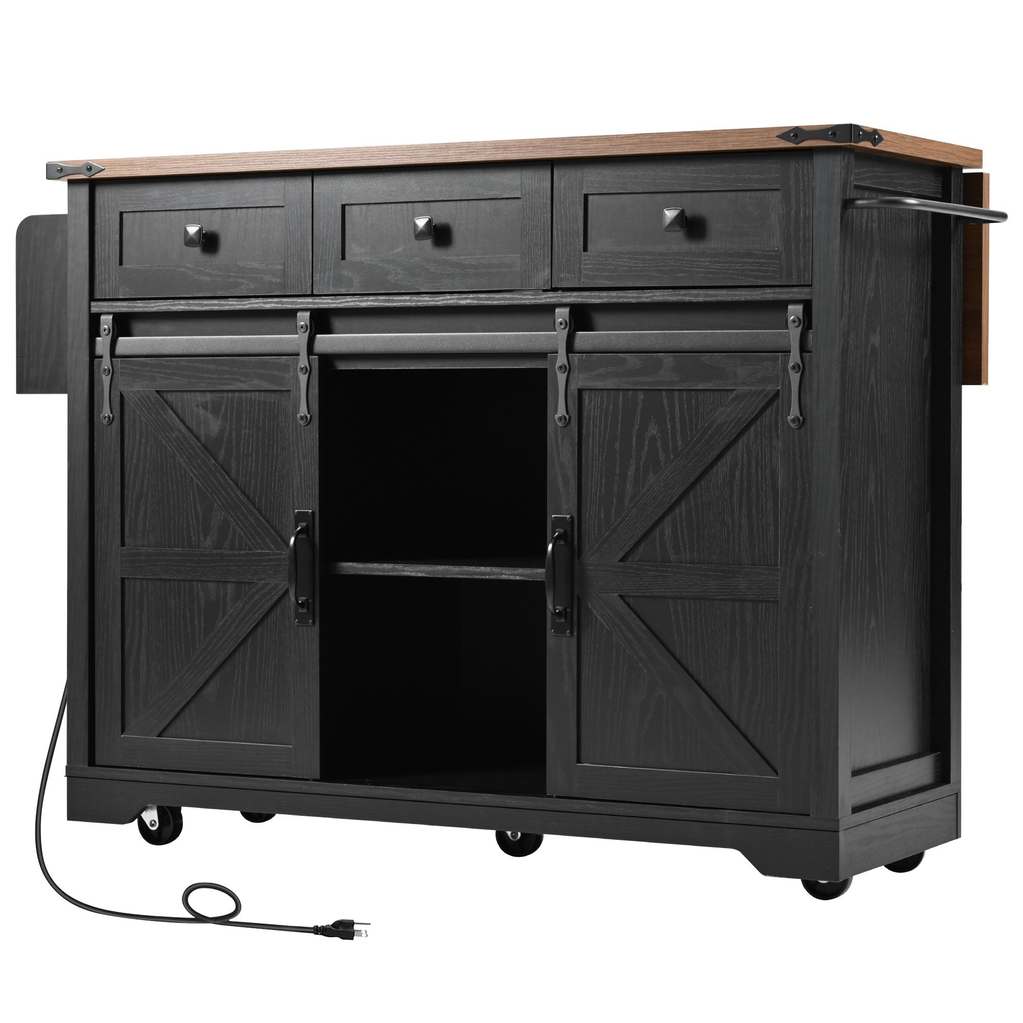 K&K 53.7' Farmhouse Kitchen Island with Power Outlet, 2 Sliding Barn Door Kitchen Storage Island with Drop Leaf, Spice Rack Rolling Kitchen Cart on Wheels, for Home, Kitchen and Dining Room, Black - Grand Goldman Shop