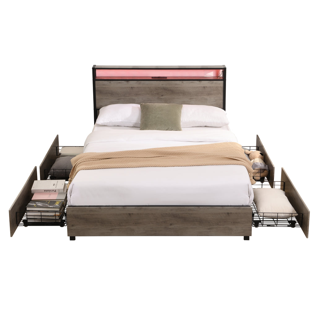 Full Bed Frame, Storage Headboard with Charging Station, Solid and Stable, Noise Free, No Box Spring Needed, Easy Assembly - Grand Goldman Shop