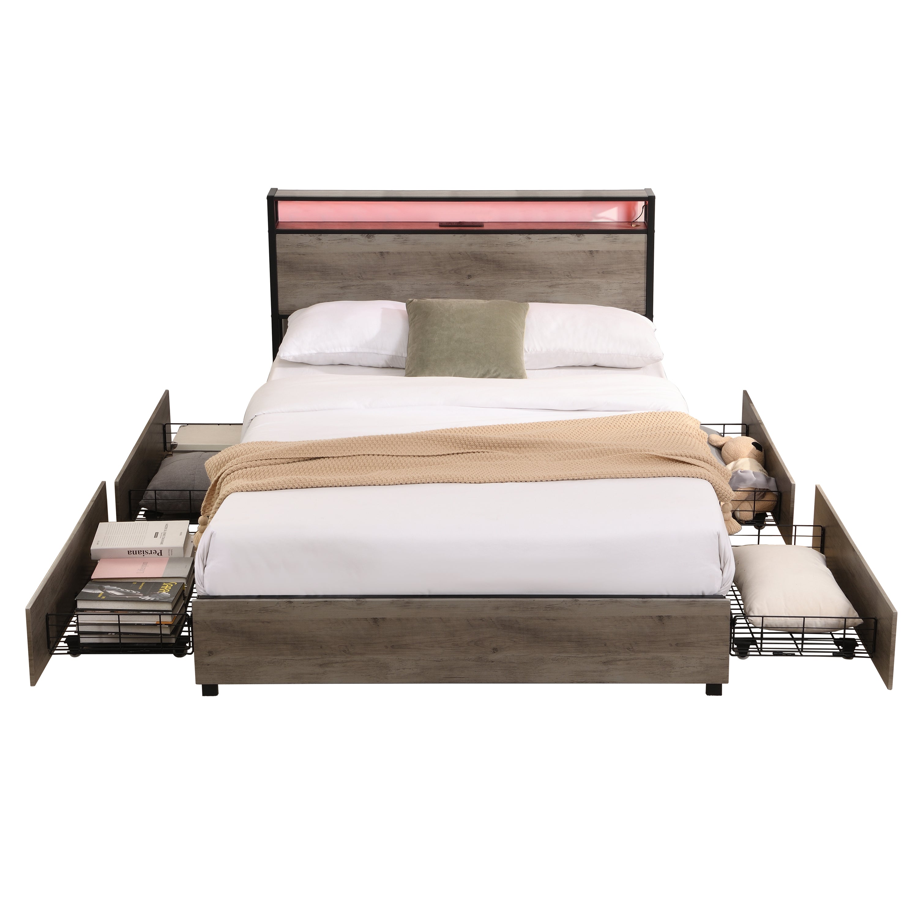 Full Bed Frame, Storage Headboard with Charging Station, Solid and Stable, Noise Free, No Box Spring Needed, Easy Assembly - Grand Goldman Shop