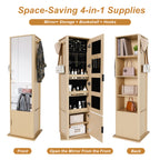360° Rotating Makeup Cabinet in Walnut with Full-Length Mirror, Jewelry Storage, Coat Rack, 4 Open Shelves & 2 Built-In Shelves - Grand Goldman Shop