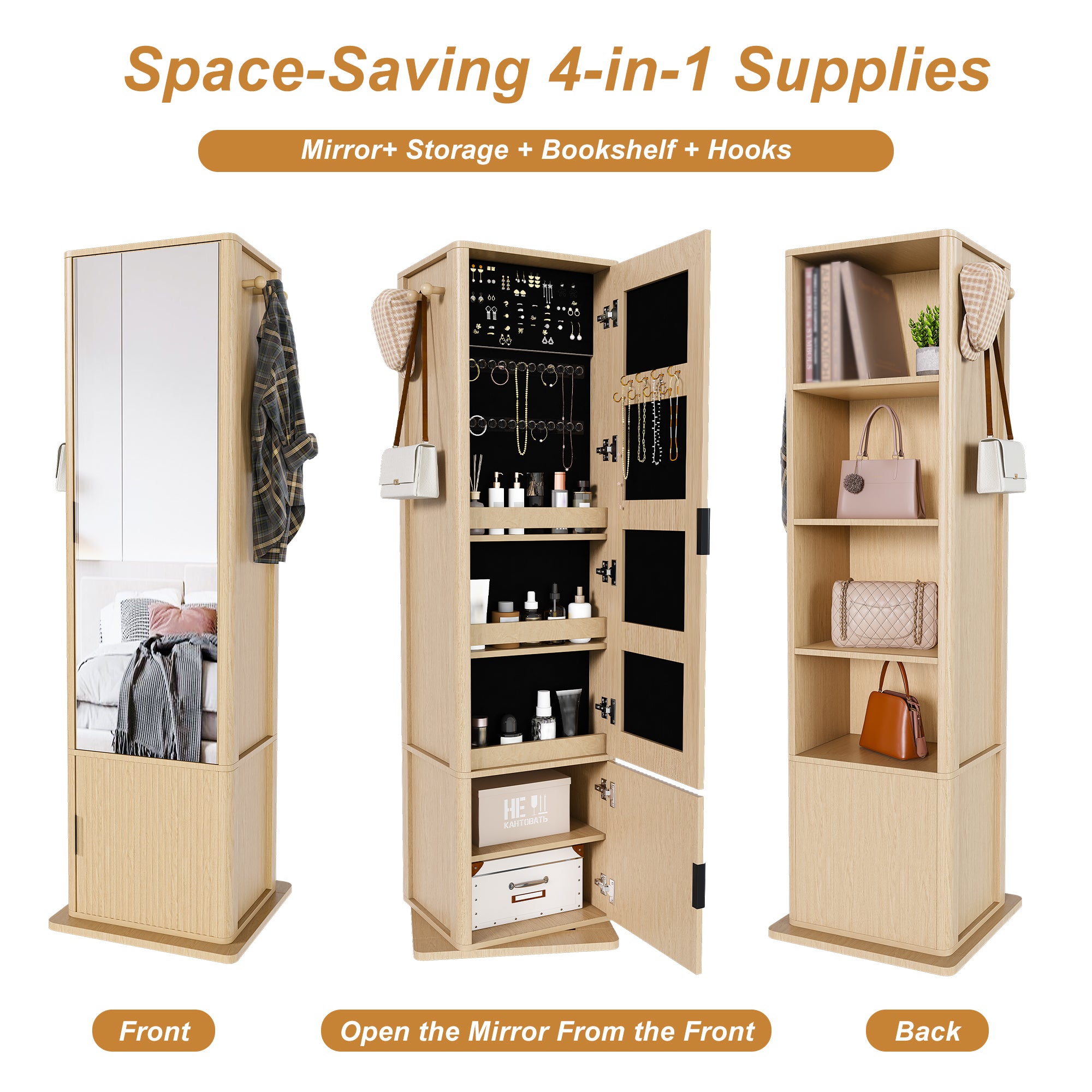 360° Rotating Makeup Cabinet in Walnut with Full-Length Mirror, Jewelry Storage, Coat Rack, 4 Open Shelves & 2 Built-In Shelves - Grand Goldman Shop