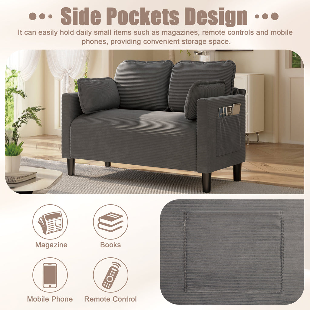 48' Soft Corduroy Loveseat Couch W/Soft Cushions,Side Storage Pocket,Sturdy Composite Board & Solid Wood Frame, High Rebound Sponge,Easy Assembly,Ideal for Living Room,Apartment,Dorm,Office. - Grand Goldman Shop
