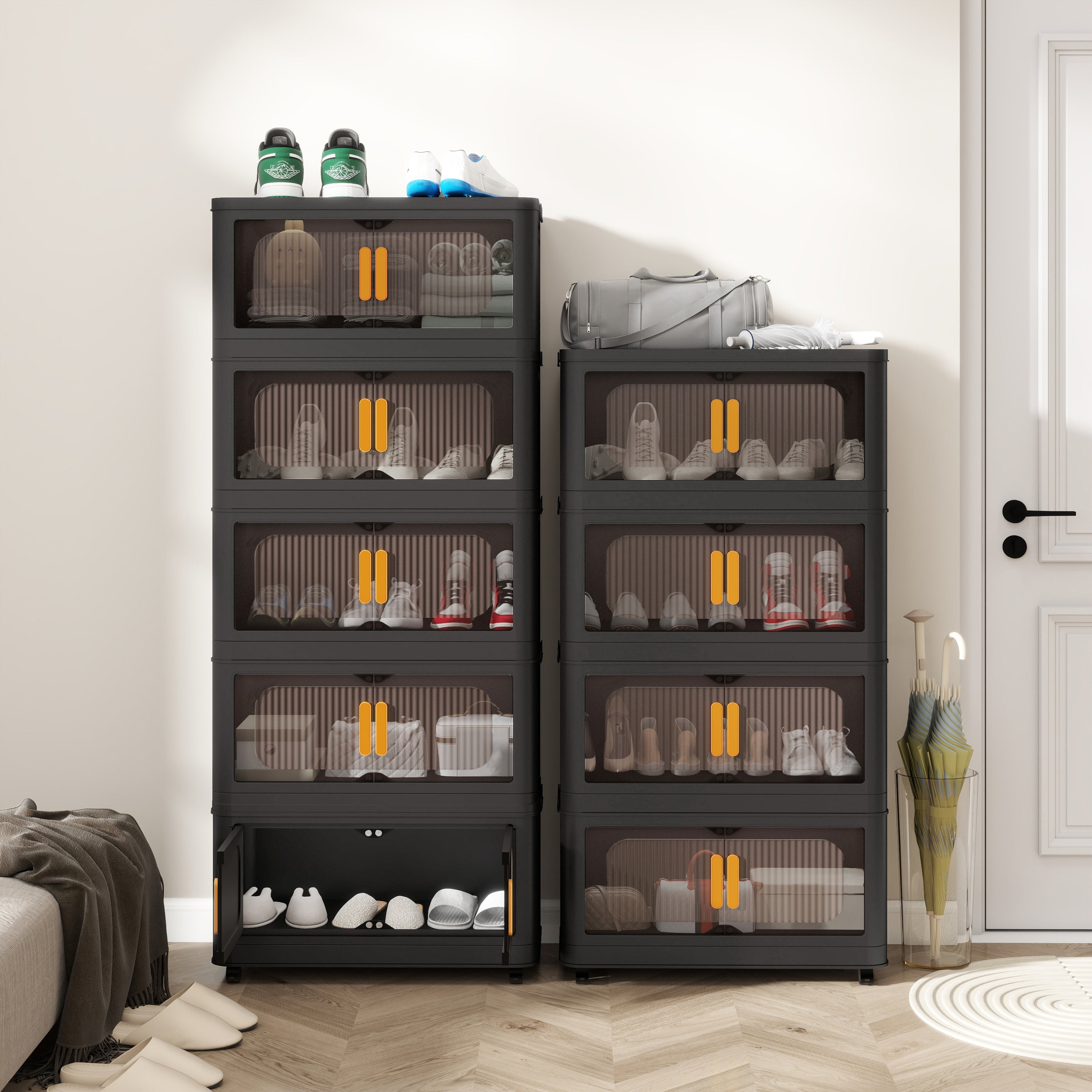 Folding Storage Cabinet 5-Tier 24-Inch Wide Black Plastic with Magnetic Doors and Wheels - Grand Goldman Shop